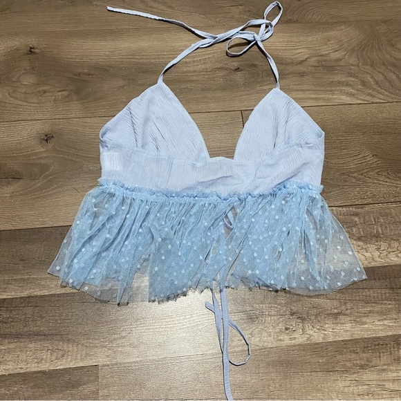 Shein Baby Blue Halter Crop Top with Mesh Bottom - Picture 6 of 7